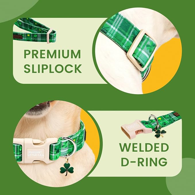 Elegant little tail St Patrick's Dog Collar - Green Plaid Cute Clover Cotton Shamrock Pet Collar Trefoil Adjustable Cotton Pet Collar with Quick Release Buckle for X-Small Dogs
