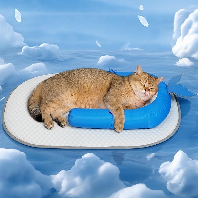 Cat Cooling Mat with Soft U-Shaped Pillow– Breathable Calming Cooling Pad for Cats– Portable Washable Summer Cooling Cat Bed for Indoor Or Travel Use,Blue Shark-2
