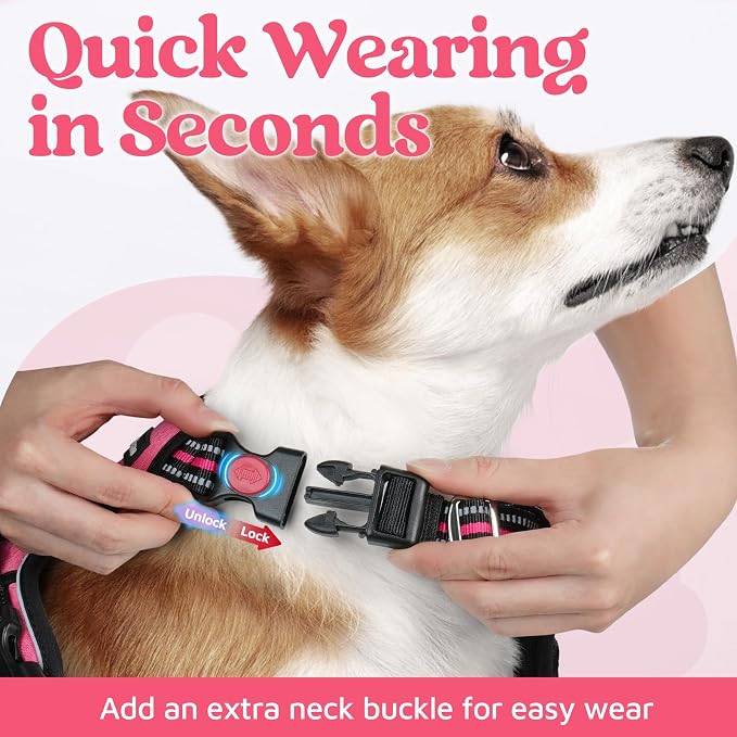 rabbitgoo Dog Harness Medium Sized, 3 Buckles Easy On & Off No Pull Pet Vest, Soft Padded Walking Pet Harness with Control Handle, Adjustable and Reflective, Pink, M