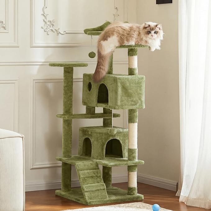 Sweetcrispy 54 Inch Cats Tree Tower, Multi-Level with Cat Scratching Post, Indoor Cat Condo with Climbing Ladder, Plush Toy, Play House for Cats, Green