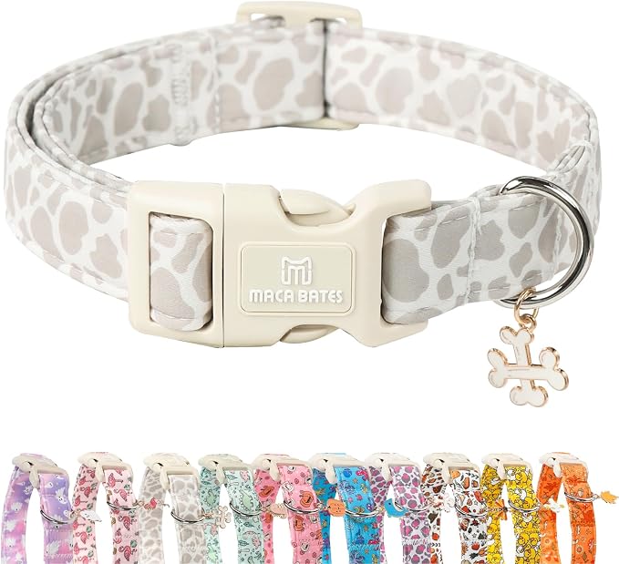 Maca Bates Beige Leopard Cute Dog Collar for Large Boy Girl with Bone Charm,Leopard Pattern,Adjustable Durable Soft Comfortable Birthday Gift Collars for Male Female Puppy
