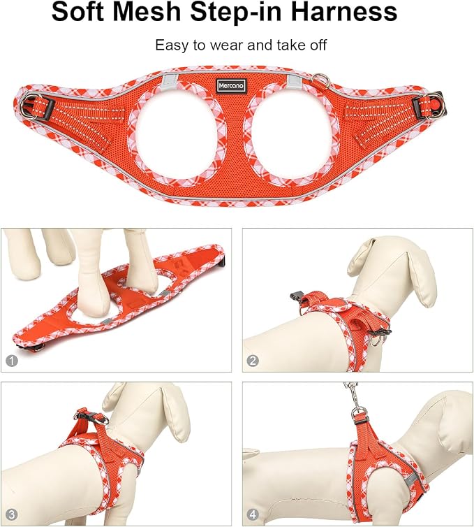 Mercano Soft Mesh Dog Harness and Leash Set, Step-in Reflective Breathable Lightweight Vest Harnesses with Safety Buckle for Small Dogs, Cats (Tangerine, S)