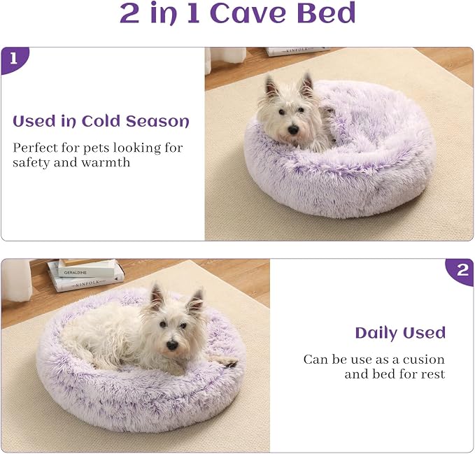 Calming Donut Dog Bed with Hooded Blanket – Plush Fluffy Cave Bed for Small & Medium Dogs, Machine Washable Anti-Anxiety Pet Bed for Cats