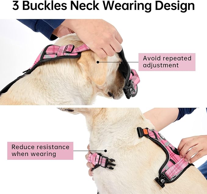 IVY&LANE No Pull Dog Harness with Leash Set, Reflective No Choke Pet Vest,Adjustable Oxford Dog Vest Harness with Easy Control Handle for Medium Lagre Dogs (Checkered Pink,M)