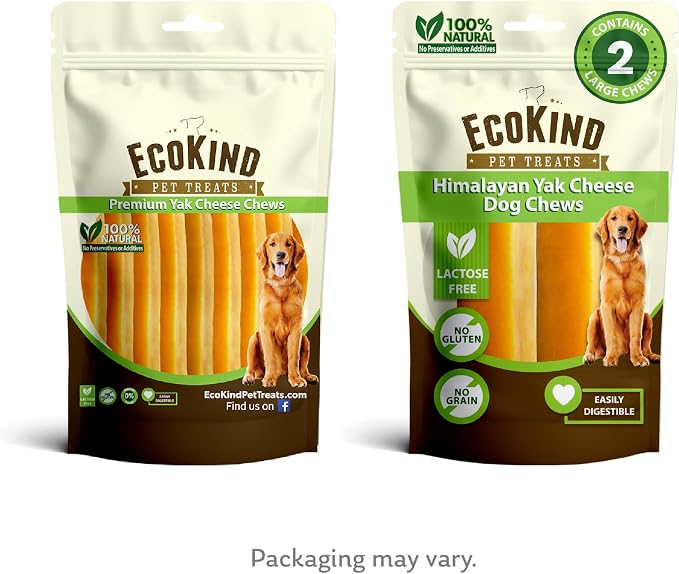 EcoKind Yak Cheese Himalayan Dog Chews, Yak Chews for Large Dogs, Long Lasting Bone for Aggressive Chewers, Only 3 Ingredients, Natural High Protein Treats, No Additives, Lactose Free, Large - 2 Chews