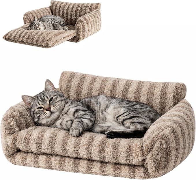 Hollypet Cat Bed Fluffy Plush Multifunctional Double-Layer Machine Washable Soft Warming Kitty Pet Couch Orthopedic Nest Beds for Small Cats Kitten and Dogs up to 13lbs, Khaki(21x15x8 inch)