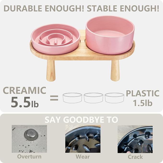 Ceramic Slow Feeder and Water Bowl Set for Small Dogs, 6.0 Inch Ceramic Dog Bowls Elevated with Wooden Stand, 0.6 Cups Dog Slow Feeder(14oz) and 30oz Water Bowl Set, Pink