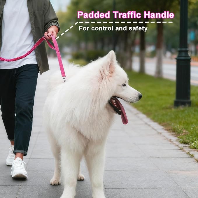 5FT Bungee Dog Leash with 2 Handles, Reflective Strong Nylon Traffic Leash, Shock Absorbing Lead for Large Medium Dogs Walking Training Controlling, Rose red