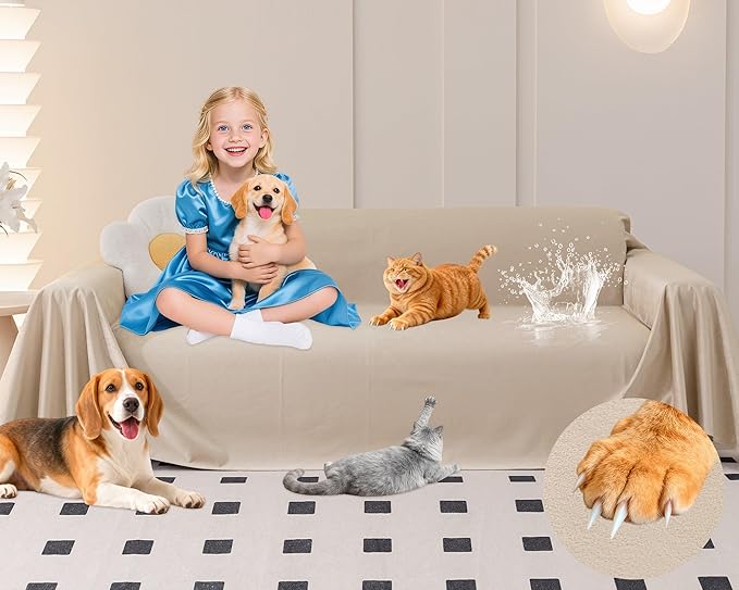 Loiion Cat Scratch Furniture Protector - Ultra Soft, Waterproof Sofa Cover to Keep Cats Off, Pet-Friendly Couch Protectors for Love Seat, Anti-Slip Couch Cover for Pets and Kids 150"X91" Almond