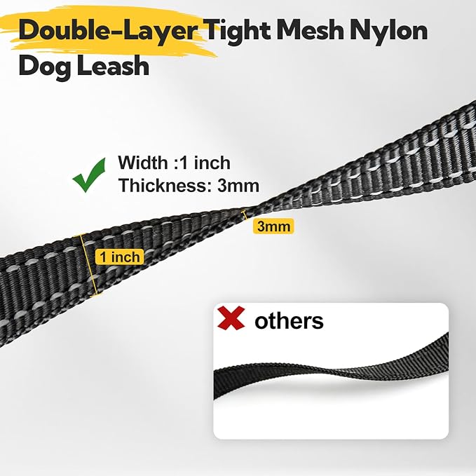 2-Handle Dog Leash Heavy Duty, Traffic Control & Night Safety Reflective Lead for Mid Large Dogs, Comfort Padded Grip Dog Leashes for Walking and Training(6 FT x 1" Wide Black+Grey)