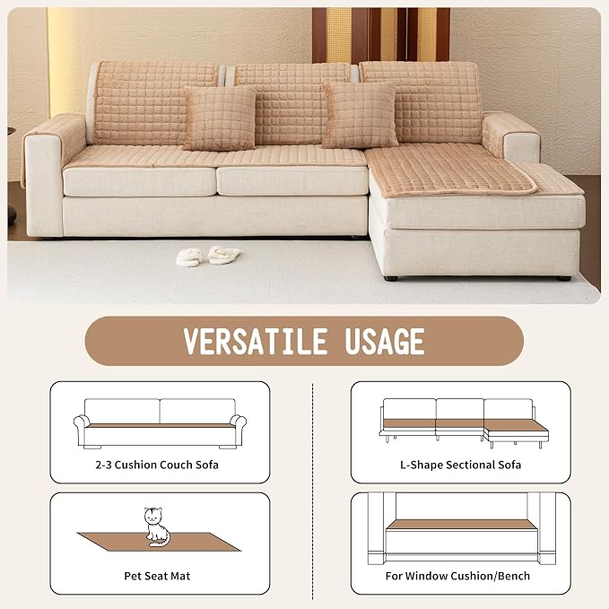 Velvet Couch Covers for Dogs, Dog Sectional Couch Covers, Pet Couchs Cover for 2-3 Seater, Couchs Protector for Dogs, Sectional Sofa Cover for Pet Washable(1PC,Khaki,27.6"×70.9")