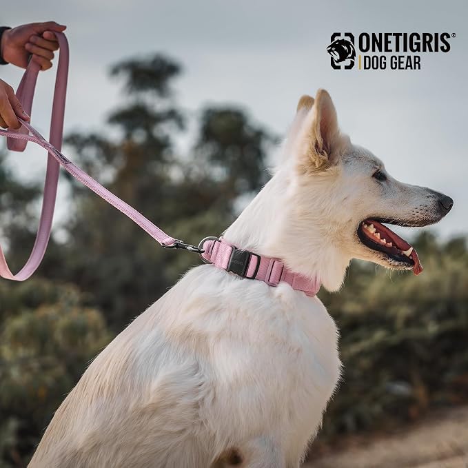 OneTigris Tough Dog Collars, Tactical Dog Collar with Handle, Milltary Adjustable Dog Collar with Heavy Duty Metal Buckle for Training (Large,Pink)