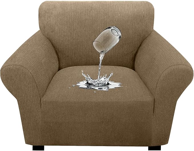 Waterproof Stretch Spandex Chair Sofa Slipcover,Washable Non-Slip Soft Couch Cover with Elastic Bottom, Leakproof Furniture Protector for Kids, Pets, Dogs & Cats (Chair, Brown)