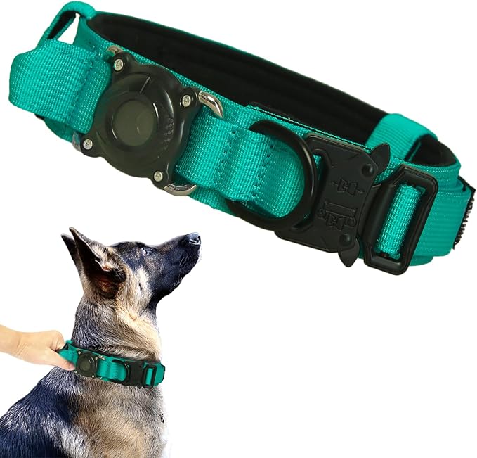Upgraded AirTag Dog Collar,Waterproof Tactical Dog Collar with AirTag Holder, Control Handle and Metal Buckle,Heavy Duty Dog Collars for Large Dogs (Teal，M
