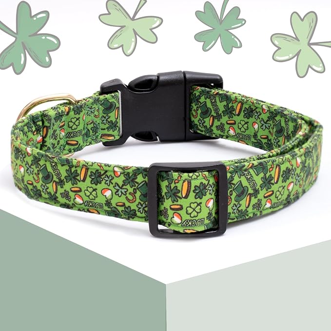 Faygarsle St Patrick's Day Dog Collar Cute Holiday Collar for Small Medium Large Dogs Green Trefoil Print Lucky Straw Cotton Dog Collar XS