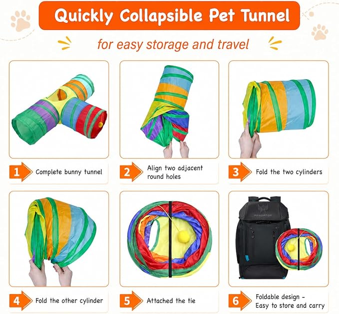 Rabbit Tunnel Collapsible 3 Way Tunnels and Tubes with Interactive Ball Bunny Hideout - Small Animal Activity Tunnel Toys for Dwarf Rabbit, Guinea Pig, Kitty