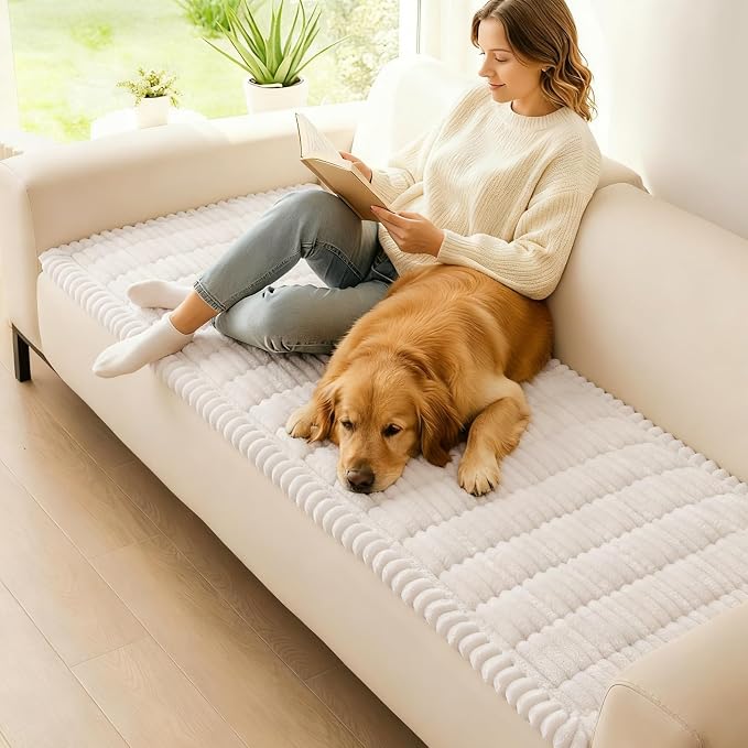 hyha Couch Cover for Dogs Washable, Non Slip Thick Flannel Sofa Protector, Pet Friendly Plush Furniture Cover for Sectional Sofa & Loveseat (White, 27.6" x 59")