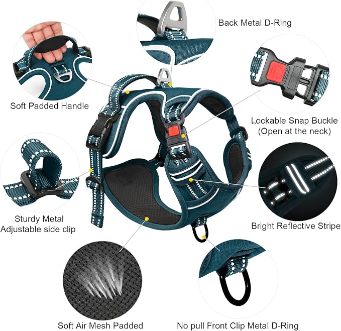 Timos Dog Harness Small Sized, No Pull Pet Harness with Neck Lockable Snap, No Choke Front Clip Reflective Vest, Adjustable Metal Rings 3 Buckles, Easy Control Handle for Small Dogs Blackish Green S