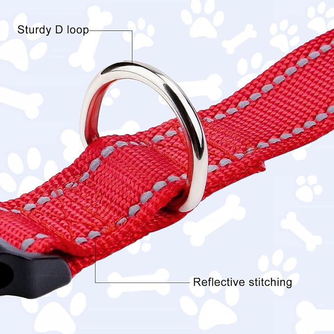 FunTags Length 8" - 12" Reflective Red Dog Collar for Puppy/Extra Small Dogs – Night Walking & Training Safety, Durable Quick Release Buckle, Nylon, Comfortable Adjustable, Width 3/8"