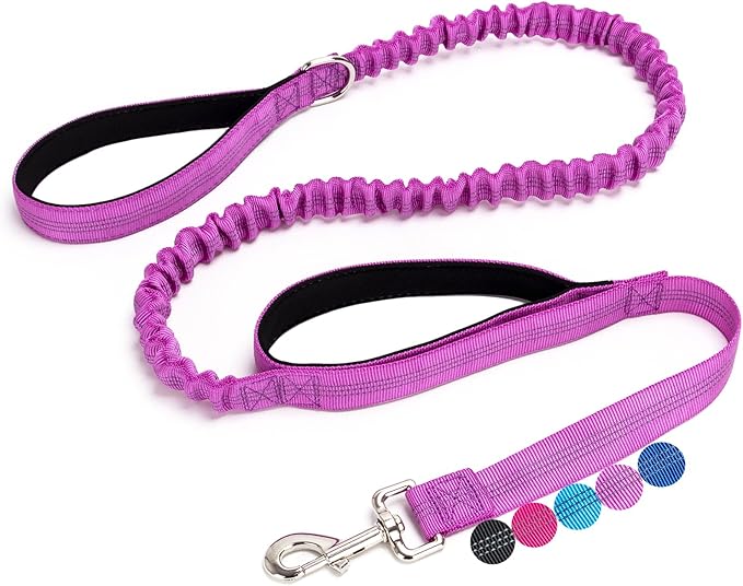 5FT Bungee Dog Leash with 2 Handles, Reflective Strong Nylon Traffic Leash with Shock Absorbing for Large Medium Dogs Walking Training Controlling, Purple