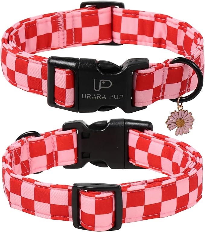Red and Pink Plaid Dog Collarwith Bow Tie– Adjustable Red & Pink Checkered Dog Collar for Small Medium Large Dogs, Soft Xmas Plaid Puppy Collars with Quick Release Buckle XS