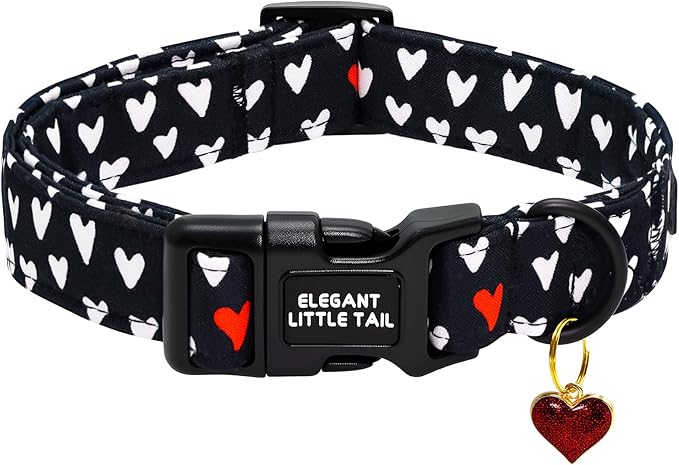 Elegant little tail Valentine's Dog Collar - Black Heart Dog Collars Cotton Soft Puppy Adjustable Pet Collars with Sturdy Quick Release Buckle for X-Small Dogs