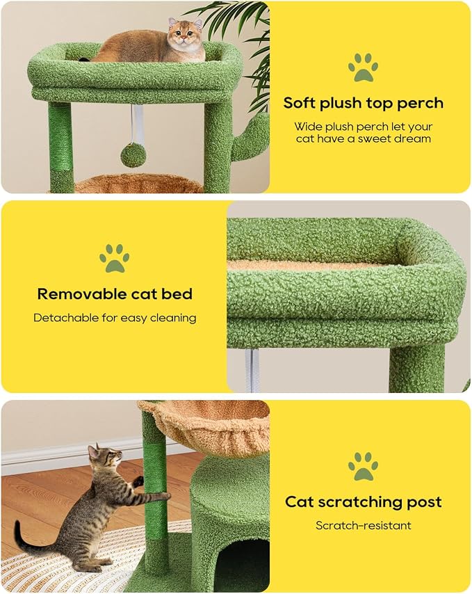 SYANDLVY Cactus Cat Tree for Indoor Cats, Green Activity Cat Tower with Scratching Post for Kittens, Modern Cat Furniture with Basket & Hanging Ball for Play Rest