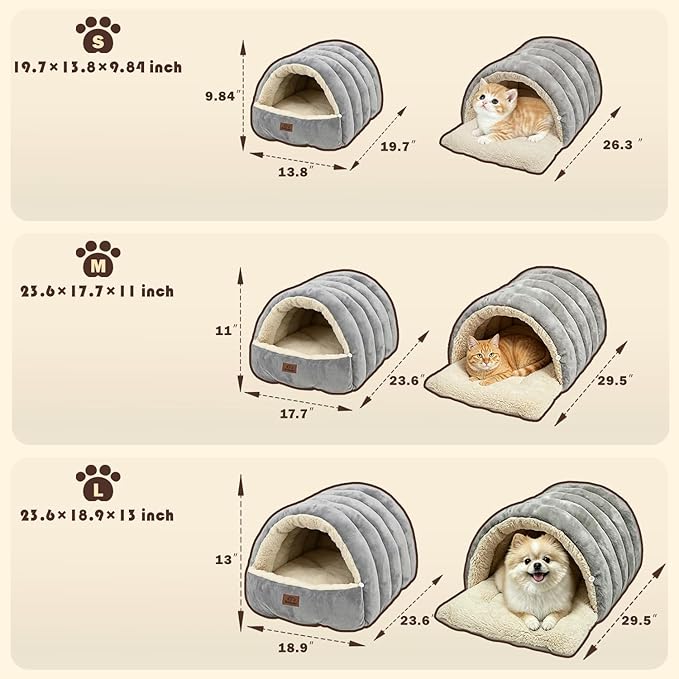 Covered Cat Bed Cave for Indoor Cats, 2-in-1 Enclosed Pet Bed for Kittens with Zippered Washable Cat Mats, Cat House Bed, Grey