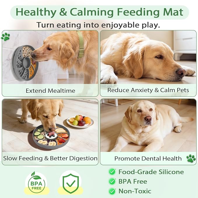 Silicone Dog & Cat Slow Feeder Bowl Lick Mat with Strong Suction Cups, Anti-Spill Design, Multi-Textured, Extend Mealtime, Reduce Anxiety, Dishwasher Safe, All Breeds & Ages (Grey)