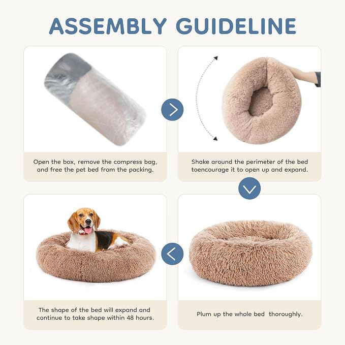 DUMOS 30.7x30.7 Inch Calming Donut Dog Beds for Large Dogs, Machine Washable Cuddler Warming Cozy Fluffy Faux Fur Plush Round Pet Bed, Anti-Slip Bed for Indoor Dogs and Cats, Brown
