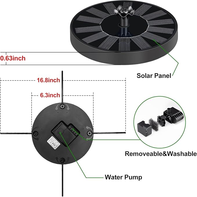 SEIRMEP Solar Fountain Pump with Spray Height Adjustment, Upgrade Glass Solar Bird Bath Fountains with 6 Nozzles, Outdoor Solar Water Fountain Pump for Bird Bath, Garden, Pool, Pond