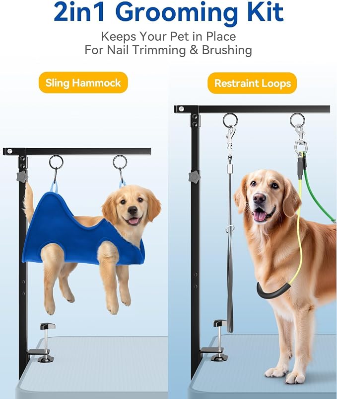 Adjustable Foldable Dog Grooming Arm with Clamp, 26–40 in Height, Safety Hammock & No-Sit Holders, Grooming Restraint for Small & Medium Dogs