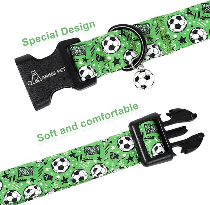 ARING PET Soccer Dog Collar, Cute Green Doggy Collars with Quick Release Buckle for Puppy Small Medium Large Boy Girl Dogs-M