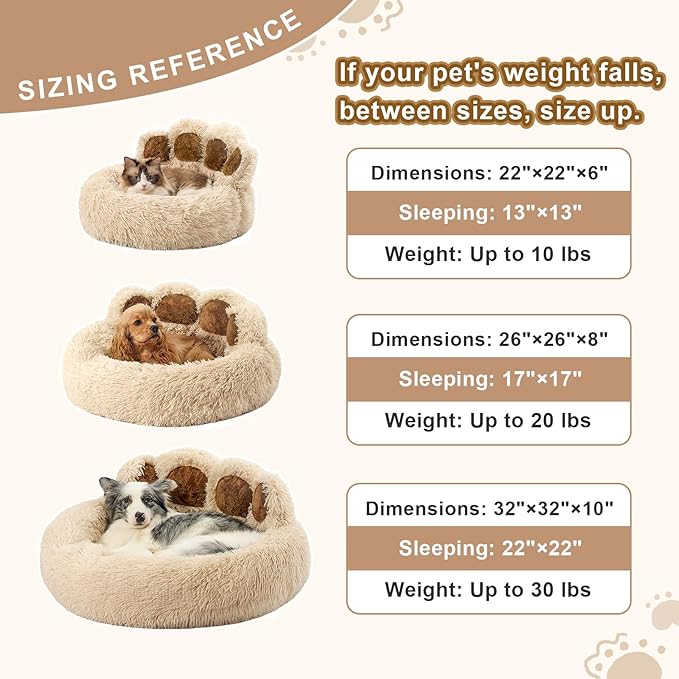 Jiupety Paw Shape Calming Pet Bed, Plush Faux Fur Donut Bed for Dogs & Cats, Machine Washable, Non-Slip Bottom, Large Size (26"×26"×8"), Camel