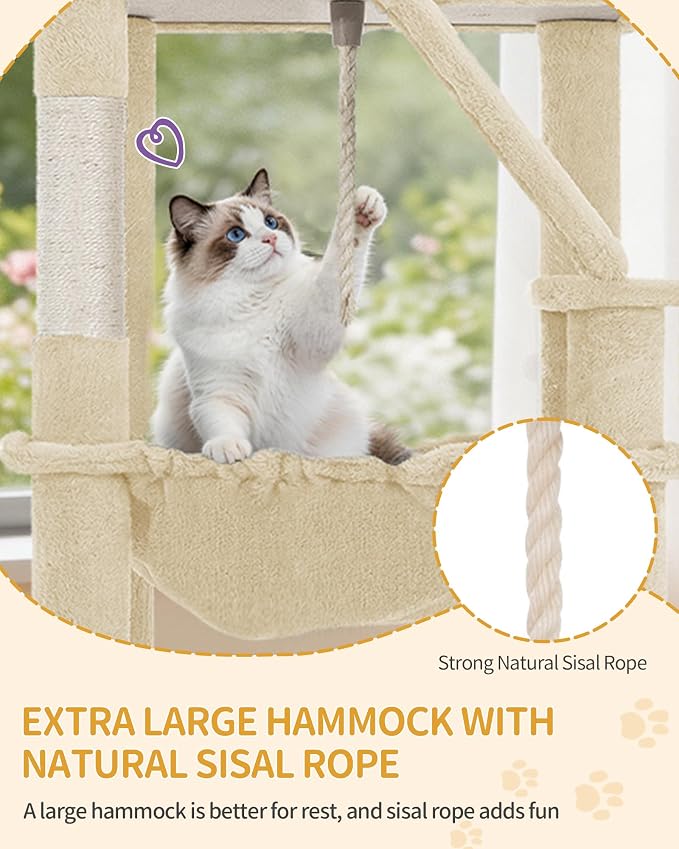 Hzuaneri Large Cat Tree, 72 Inch Tall Indoor Cat Tower for 6 Large Cats, Corner Climbing Activity Pet Condo with 2 Large Platforms/2 Cats House/6 Scratching Post/1 Hanging Basket, Beige MS18318YG