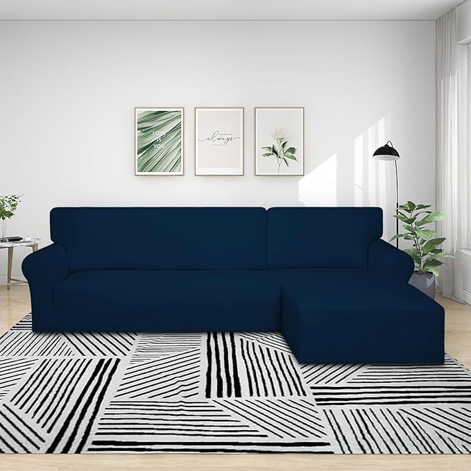 PureFit Super Stretch Sectional Couch Covers - 2 pcs Spandex Non Slip Sofa Covers with Elastic Bottom for L Shape Sectional Sofa Couch, Great for Kids & Pets (3 Seat Sofa + 2 Seat Chaise, Navy)