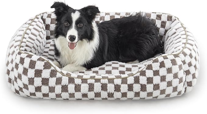 JOEJOY Dog Bed for Large Medium Small Dogs - Rectangle Orthopedic Dog Sofa Bed, Cute Modern Puppy Bed with Jacquard Shaggy Plush & Anti Slip Bottom, 35x25x10inches, Cofffee