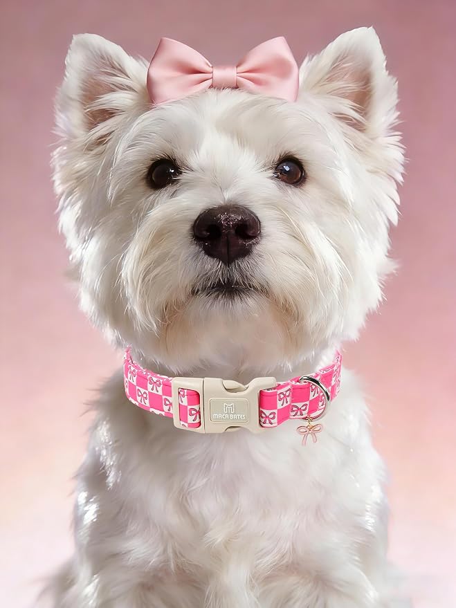 Maca Bates Pink Basic Dog Collar with Sailor Bow Charm for Small Girl Dogs, Girly Cute Checkered Bowtie Pattern,Feminine Style,Adjustable Durable Soft Collars Birthday Gift for Female Puppy