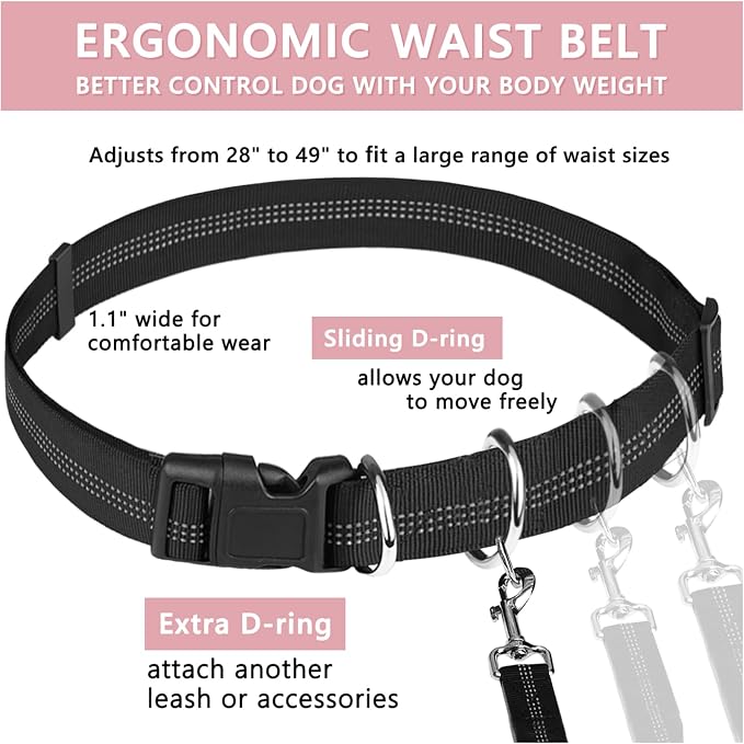 LANNEY Hands Free Dog Leash, Waist Running Leash with Zipper, Walking Pouch for Medium Large Dogs, Dual Handle and Retractable Bungee for Training Jogging Hiking(25-120 lbs, Pink)