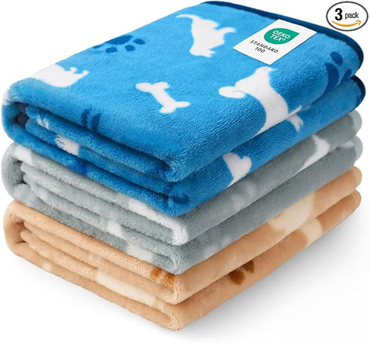 Luciphia 1 Pack 3 Dog Printed Fleece Pet Blankets Washable，Soft Warm Throw Covers for Crate Couch Bed，Cozy Puppy Essentials for Dogs and Cats， Blue/Grey/Khaki, Large (41x31 inch)