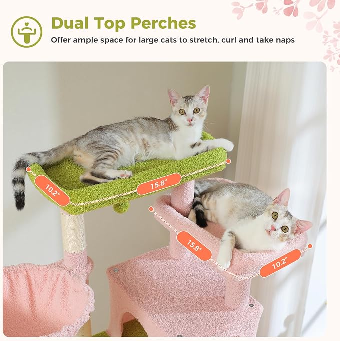 69” Tall Cat Tree for Indoor Cats Large Adult, Multi-Level Cat Tower with Scratching Post, Dual Top Perches, Big Hammock & 2 Spacious Condos, Cat Furniture for Multi-Cat Households, Pink/Green