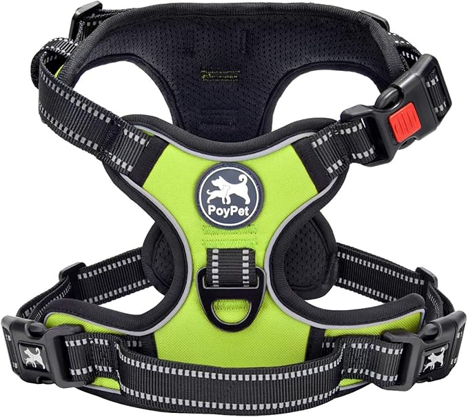 PoyPet No Pull Dog Harness, No Choke Front Lead Dog Reflective Harness, Adjustable Soft Padded Pet Vest with Easy Control Handle for Small to Large Dogs(Green,M)