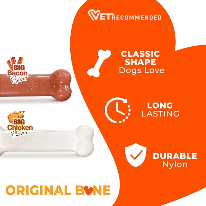 Nylabone Original Bone Power Chew Toy for Dogs, Durable Dog Toys for Aggressive Chewers, Basted Blast Bacon & Chicken Flavor, Medium - Up to 35 lbs, 2 Pack