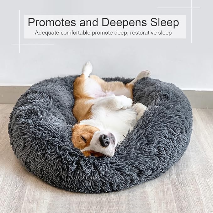 Dog Bed, Cat Calming Bed, Faux Fur Pillow Pet Donut Cuddler Round Plush Bed for Large Medium Small Dogs and Cats (Dark Grey, 23.0" L x 23.0" W x 7.0" Th)