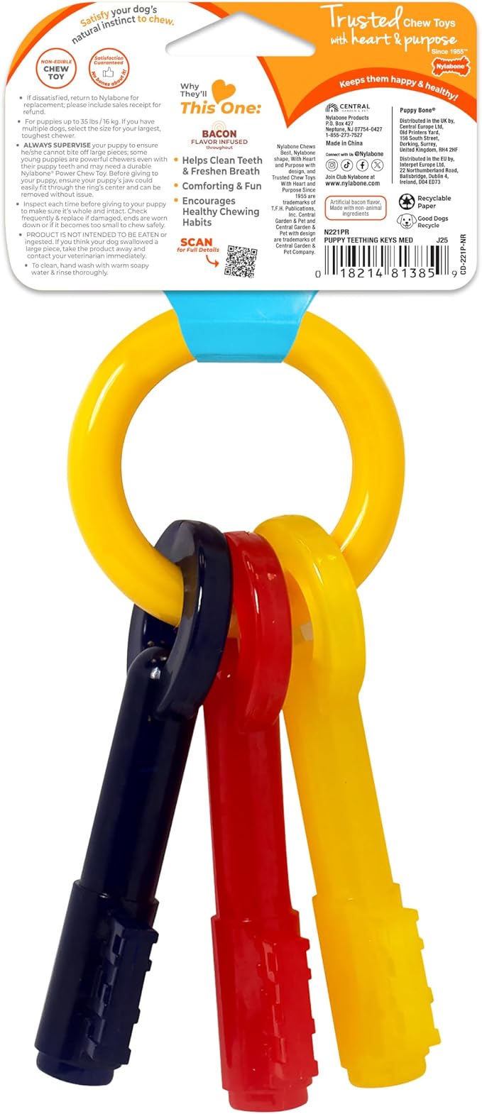 Nylabone Puppy Chew Key Ring Toy, Toys for Teething Puppies, Multi Color, Bacon Flavor, Medium - Up to 35 lbs, 1 Count