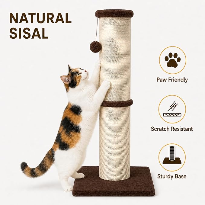 PAWSCRAT Cat Scratching Post 32 Inch High, 5.5 Inch Large Diameter Natural Sisal Cat Scratch Post, Scratch-Resistant and Durable Tall Cat Scratcher for Indoor Cats, Protect Your Furniture, Brown