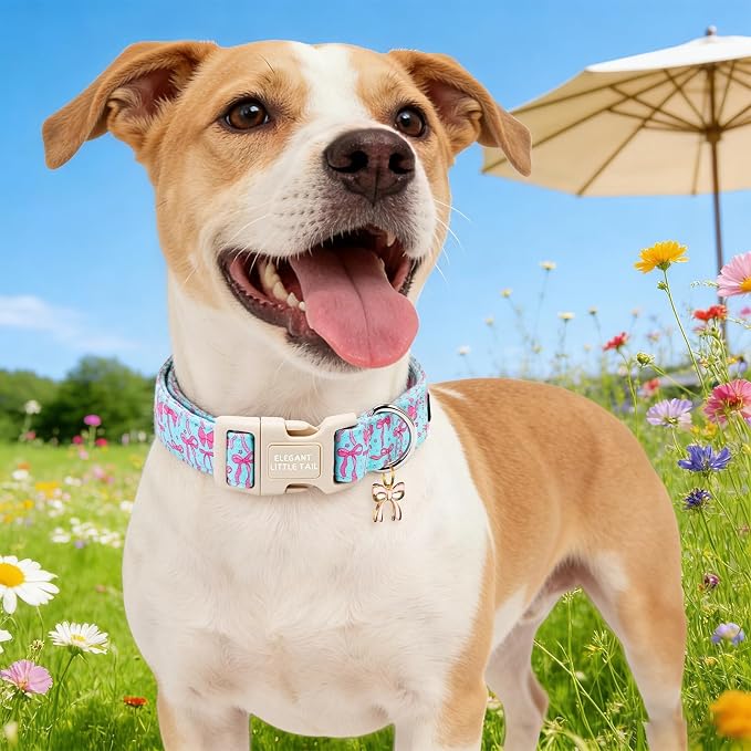 Elegant little tail Dog Collar,Pink Sailor Bow Pattern Pet Collars Dog Cotton Soft Sturdy Puppy Collars Female or Male Adjustable Collar for Small Medium Large Dogs