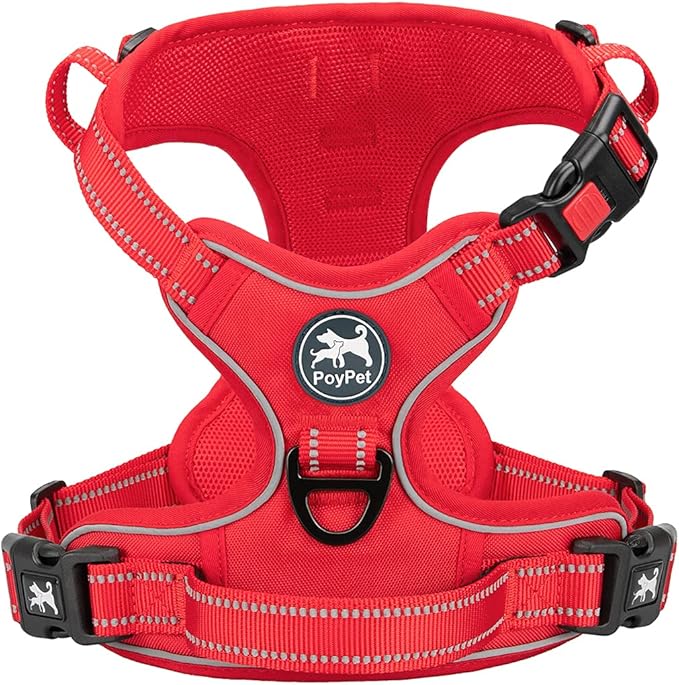 PoyPet No Pull Dog Harness, No Choke Reflective Dog Vest, Adjustable Pet Harnesses with Easy Control Padded Handle for Small Medium Large Dogs(Red Matching Trim,M)