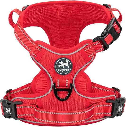 PoyPet No Pull Dog Harness, No Choke Reflective Dog Vest, Adjustable Pet Harnesses with Easy Control Padded Handle for Small Medium Large Dogs(Red Matching Trim,M)