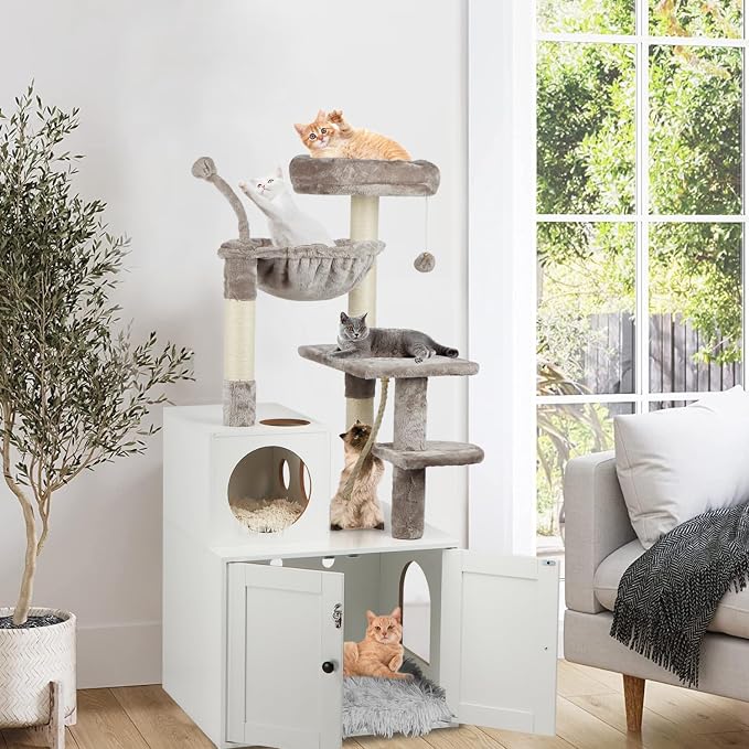 Timberer Cat Tree with Litter Box Enclosure, 2-in-1 Cat Tower for Indoor Cats, Large Wood Cat Condo with Basket, Scratching Posts, Pompoms, White